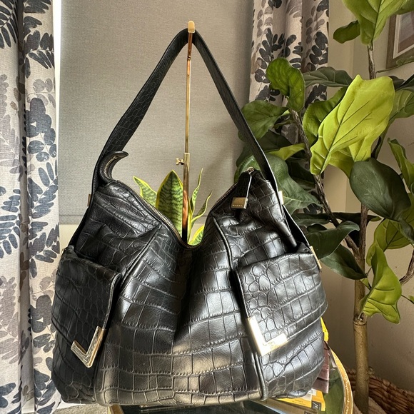 Michael Kors Black Croc-Embossed Shoulder Bag - Picture 1 of 12